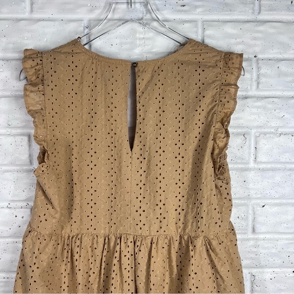 KNOX ROSE Boho Tan V-Neck Cotton Eyelet Dress Ruffle Cap Sleeve - Picture 6 of 9
